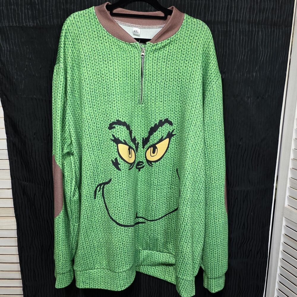 Grinch Ugly Christmas Sweater Mens 4XL Green Knit Print 1/4 Zip Pullover Holiday